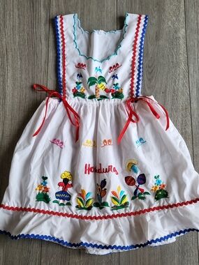 Honduran Girls Folk Dress White Embroidered Honduras Fiesta Pinafore Size 4T vtg